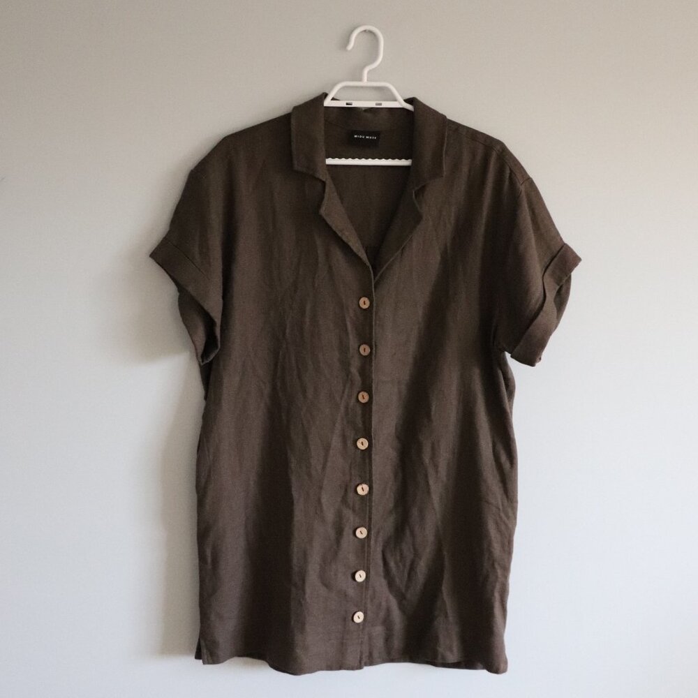 Miou Muse Womens Sz L Brown Linen‎ V-Neck Buttoned Light Short Sleeve Mini Dress